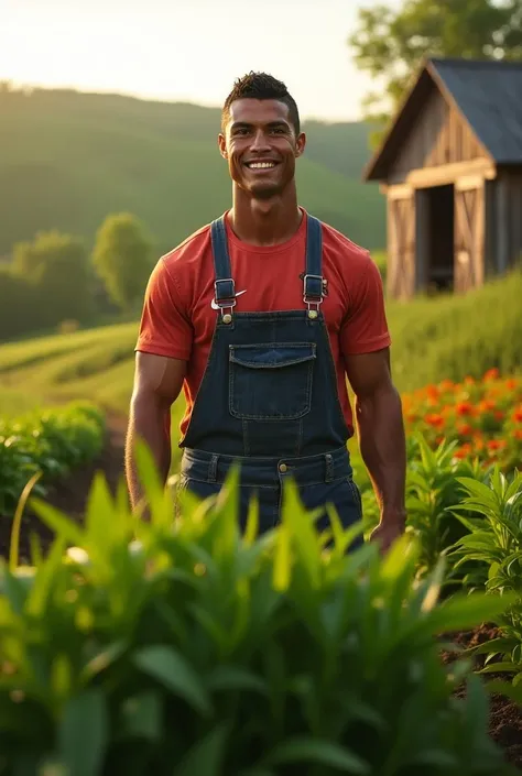 Create image of Cristiano Ronaldo smiling and working in farm 