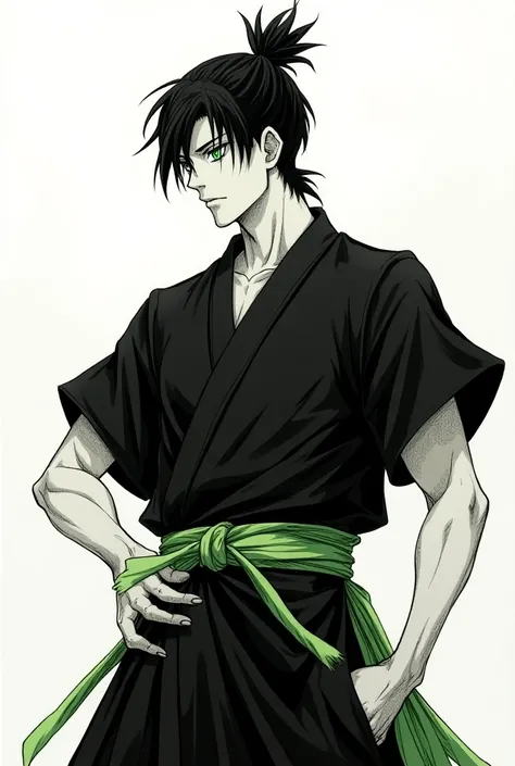 Jujutsu Kaisen Manga Art Style, Manga, Pen, Young Adult Male, Black Kimono, green belt, Short Black Hair in man bun, tall, glowing green eyes.