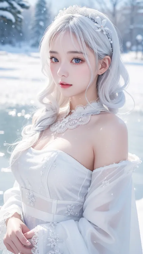 1 girl,(snow,ice), snow花,  in winter, white hair,  shiny hair , curls,  transparent clothes, 【frilld, lace, wet clothes, leave_s...