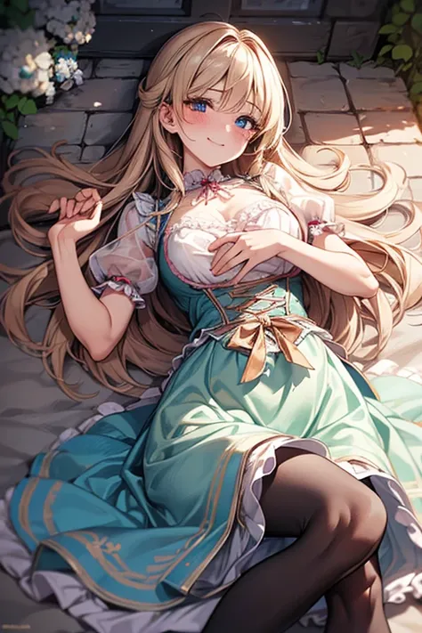 8k、 Best Quality 、  Maximum Clarity  、   very detailed 、Beautiful art、   very detailed、  biologically correct body  、  gentle smile 、Maternal、 erotic face 、(See-through skin)、Breasts larger than I cup、 pantyhose、Dirndl、(Lie on your stomach, place your ches...