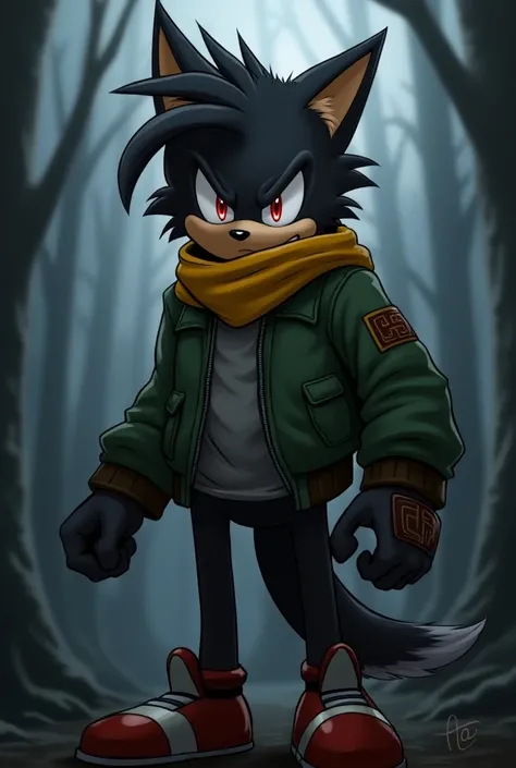  Evil anthropomorphic wolf , mobian, Sonic style , furry mobian ((  well detailed ))  green bomber jacket , yellow scarf , grey t-shirt,  without pants , gray sneakers , Gray hair,  messy black hair, red eyes, arrogant laugh, ((mobian style )) grey clouds,...