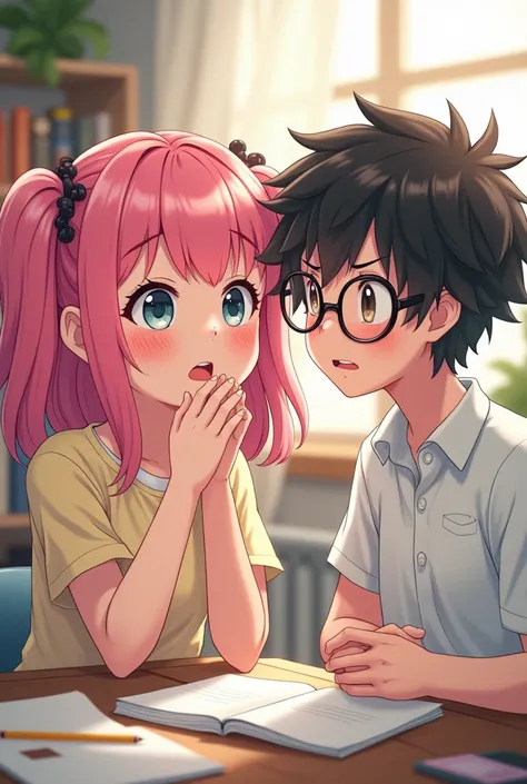  From cute pink-haired anime begging a nerdy boy for help 