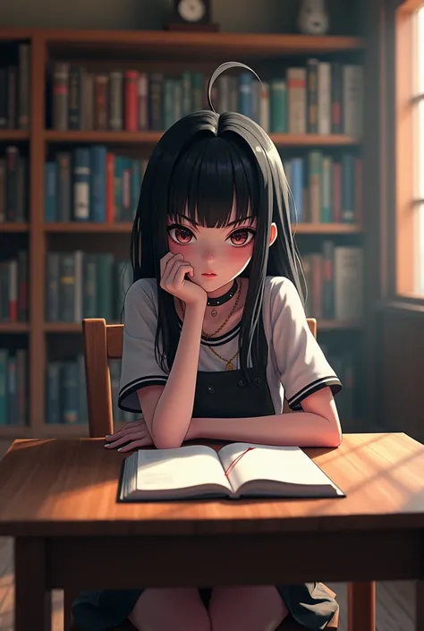  I want an anime girl with a somewhat rebellious appearance but with a good animation that sits down and in the background a library in real life just like the table , That fits perfectly with the girl 