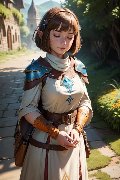 A beautiful village woman with a gentle smile, ((best quality))) (((HD))) (((8k))) (character) 20-year-old woman, ((adventurous)), (eyes closed), elf, ((brown hair)) and ((hair just touching shoulders:1.2) and (bob cut))),  voluptuous fit body, fully cloth...