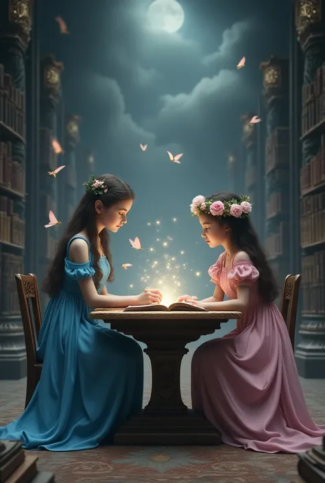 Two girls must sitting on two chairs on either side of a tableand we can see theri lags. Both the girls were gamin goddesses. One girl was wearing a blue gamin goddess  dress and she was looking at a page of a book on the ancient table.   She was older tha...