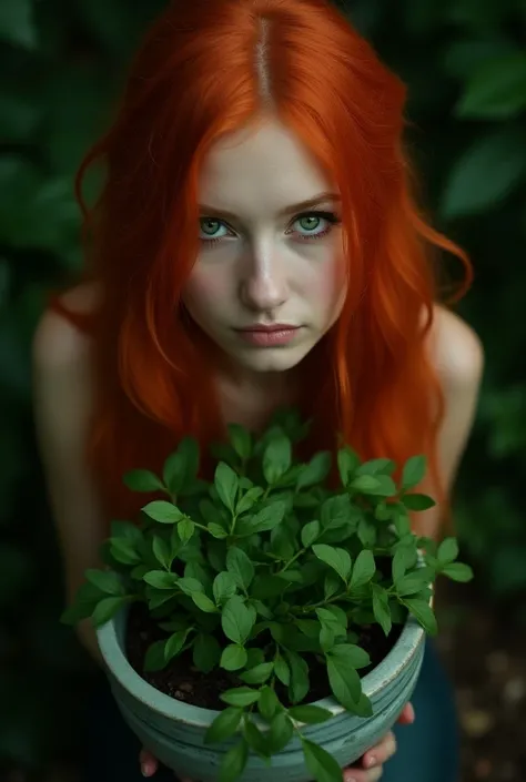   , Red hair using a planter,  greenish eyes , gg