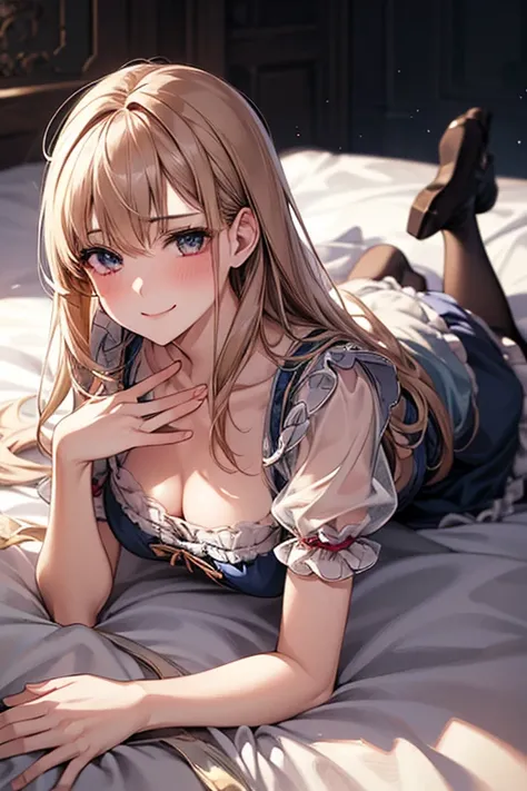 8k、 Best Quality 、  Maximum Clarity  、   very detailed 、Beautiful art、   very detailed、  biologically correct body  、  gentle smile 、Maternal、 erotic face 、(See-through skin)、Breasts larger than I cup、 pantyhose、Dirndl、(Lie on your stomach, place your ches...