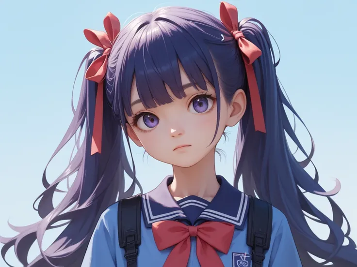 Hairstyle: Long hair in twin-tails with bangs parted in the center
Hair color: Dark purple and blue gradient
Clothing: School uniform based outfit with ribbons
Accessories: Ribbons in hair
Mood: Energetic and a little cool
Other: Characteristic hair color ...