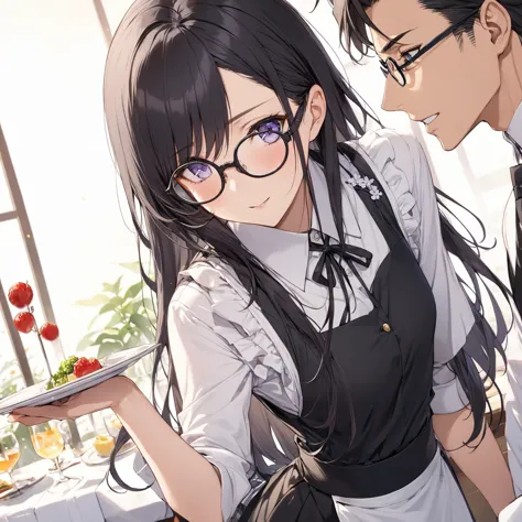 1 girl, black hair,long hair, glasses,taisho romance,waiter