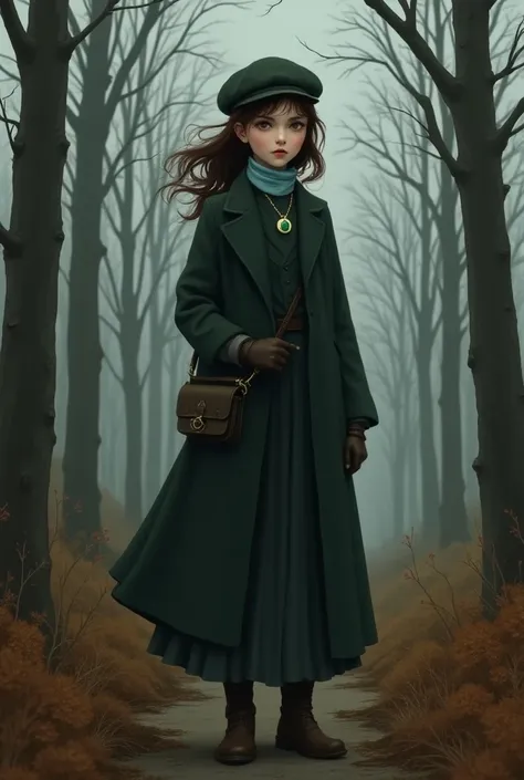  white-skinned teenager ,  brown hair,  dark and mysterious autumn landscape,  traditional clothing from the 40s  (wool cap,  dark green warm coat , Gloves, skirt, boots,  scarf light blue ...) style "dark academia", necklace with an emerald , large side w...