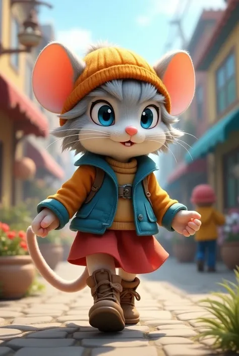  Giant anthropomorphic mouse girl, perspective, cute, furry, mobian ((well detailed))  orange wool hat , blue diver, red skirt, brown boots, Sonic style , in a hurry,  town with miniature people , Little mouse , light gray hair, blue eyes, adorable, mobian...