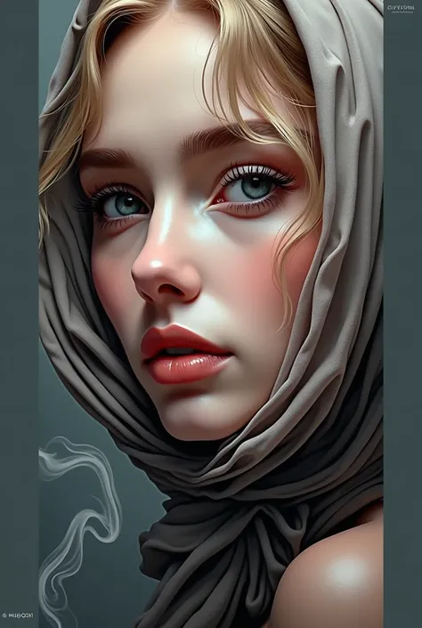 Black paint realistic portrait k, Female face image, full-screen face only. Looking ahead, the image is slightly turned sideways, there is a transparent, light, and faint colored cloth, the smoke reflex is bright and beautiful.