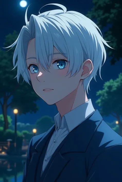 Anime of a pretty boy with white hair and blue eyes, background park, autophoto, night, background light