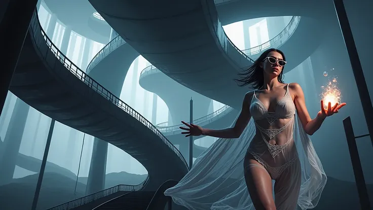 (Wide and low angle view). Ryoji Ikeda Style, fantasy arts, floating staircase to unknown uninhabited surreal dimension, beautiful curves and spirals, portals, a sci-fi dark scene in the background. A female sorcerer, (wearing a transparent:0.8 ivory flowi...