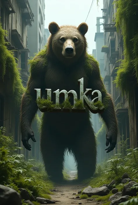  text in the center of the picture UMKA.  post-apocalypse city ruins, bear mutant ,  everything is covered with moss and plants, steampunk.