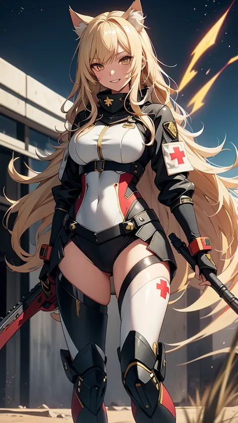 1 anime girl, whole body, long wavy blonde hair, asymmetrical bangs, bright gold eyes, black feline ears & tail, slender, wide hips, large breasts, parted lips, big happy smile, bright white teeth, full body shot, wide angle shot, wearing Helldiver armor, ...