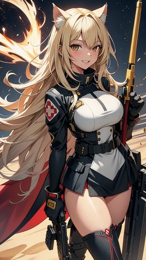 1 anime girl, whole body, long wavy blonde hair, asymmetrical bangs, bright gold eyes, black feline ears & tail, slender, wide hips, large breasts, parted lips, big happy smile, bright white teeth, full body shot, wide angle shot, wearing Helldiver armor, ...