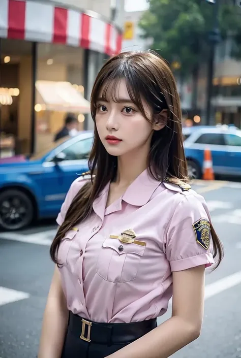 blunt bangs, long hair, swollen eyes, arrogant, police uniform, pink uniform