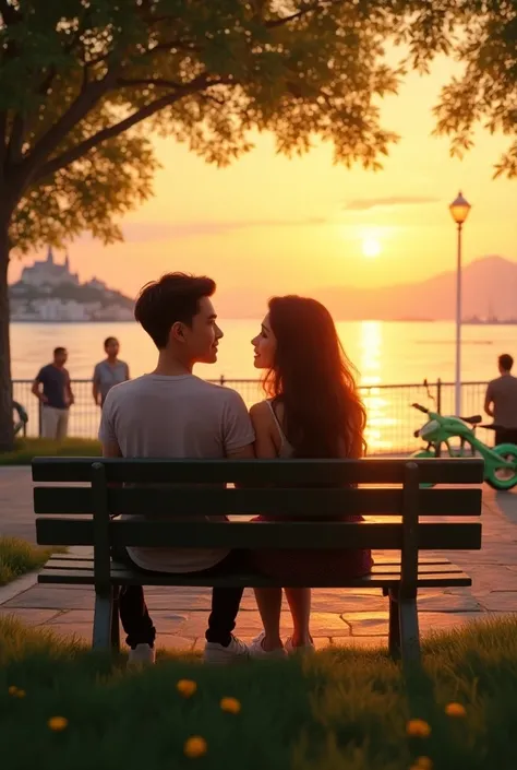 vista =  sitting on a bench next to your romantic girlfriend , She is young and beautiful, She loves you,  she is beautiful because of her love , Environment =  beautiful nature , late day,  the last sunset ,   we are in a park on a bench ,  the street lig...