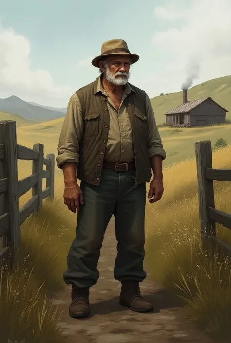 An old farmer stands in a rustic