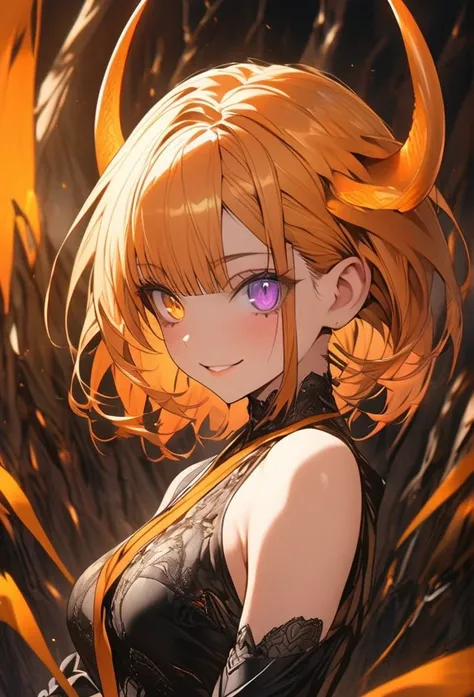 1 , Alone,  high resolution ,  looking at the viewer ,  short hair,  anatomically correct ,  Best quality ,  high resolution , Ultra HD, quality,  tall details, straight bangs, straight hair, breasts, gentle smile, Snake pupils, orange eyes,  Heterochromia...