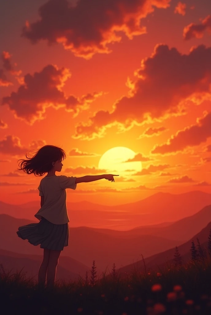 girl pointing straight at the brilliant sunset 