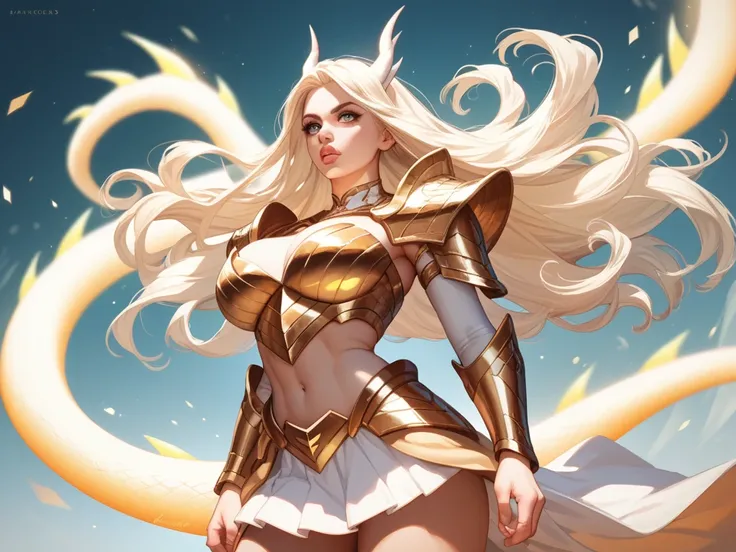 Beautiful body woman ,  white and gold armor , 
 Multicolor energy power .  Big breasts short skirt .
 With daggers drawn white dragon. full lips, long hair