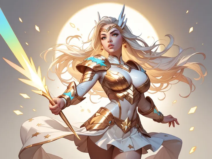 Beautiful body woman ,  white and gold armor , 
 Multicolor energy power .  Big breasts short skirt .
 With daggers drawn white dragon. full lips, long hair