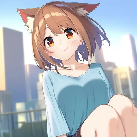 1girl, best quality, (baffu:0.7), (apollo /(hu maple/):0.7), (xiaodi:0.7), cat ears, shirt, shorts, city background, smile