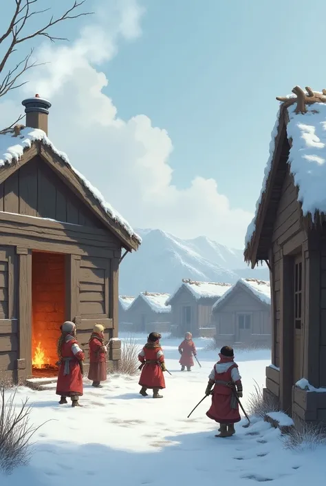 ren are playing in front of Mongolian houses in winter. Through the door of the house, a fire can be seen burning in the chimney.  smoke is coming from the chimney on the house. s wearing mongolian deel