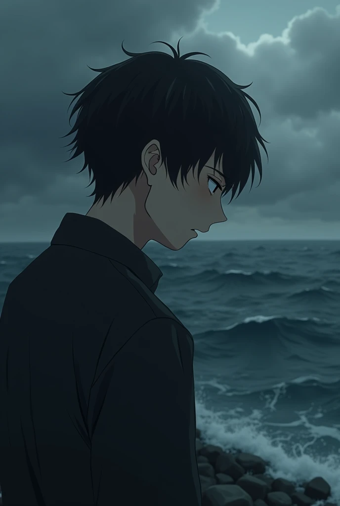 Sad male anime  picture near sea in dark whats app dp 8k picture 