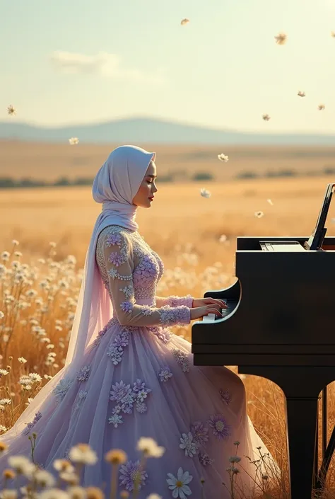 Heres a more detailed prompt for the image:

Scene Description: In a vast, open savanna dotted with endless fields of edelweiss, a beautiful young Korean woman sits gracefully at a grand piano. The sun is low on the horizon, casting a warm, golden light th...