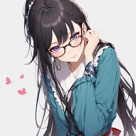 1 girl, black hair,long hair, glasses,taisho romance,ready your bow