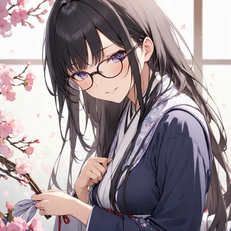 1 girl, black hair,long hair, glasses,taisho romance,ready your bow