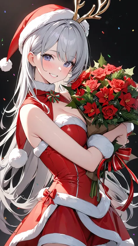  1 girl, solo, smile,  shortcuts,  high definition, masterpiece,  textured skin , Silver Hair, Beauty,fine,bright, slender,Aperture F1.2,Head to waist, sexy,Fair skin, Christmas Costumes ,bright色, no background,bouquet,Celebration