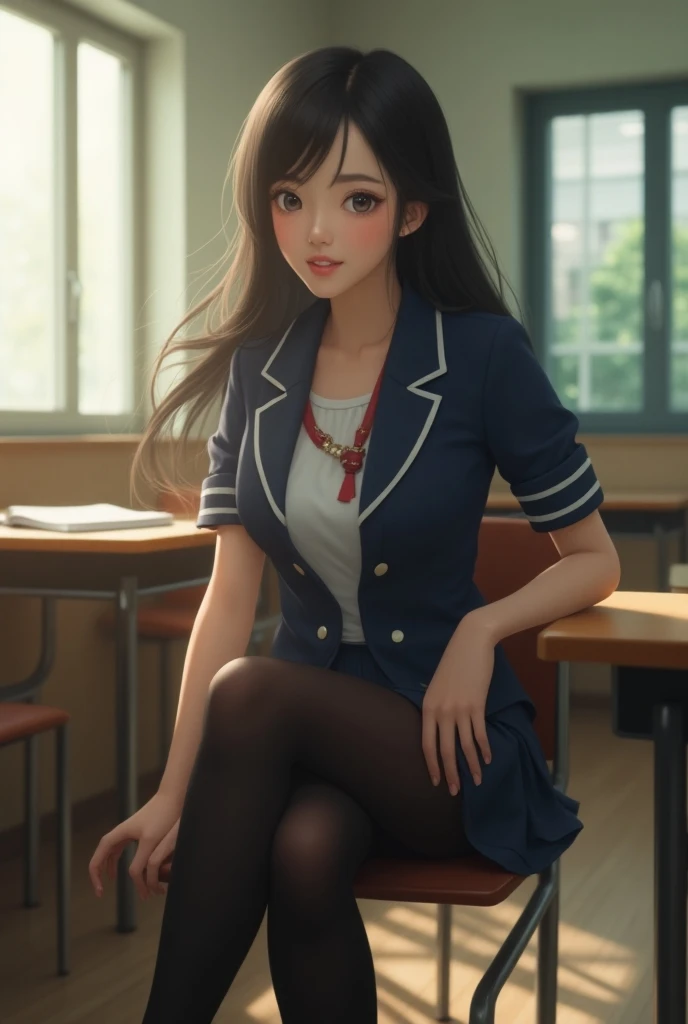  Generate 8k Images ， photo realistic style ,  high quality,  high detail ，Full body photo，Big breasts（34E）， flowing black long hair ， Passionate Eye ，light smile， Taiwan college beautiful girl ， Wearing Japanese Summer High School Uniform，At the desk， sit...