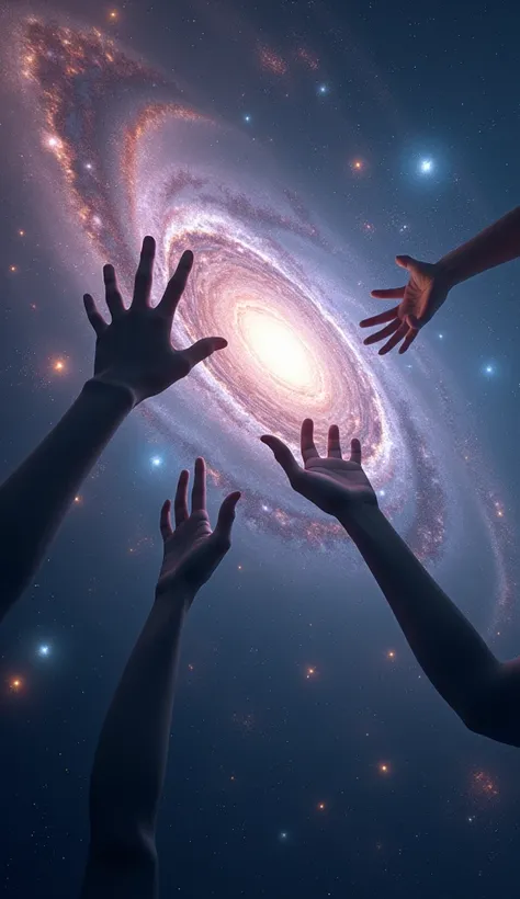 *"Hands reaching across glowing galaxies."*