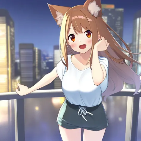 1girl, best quality, (baffu:0.7), (apollo /(hu maple/):0.7), (xiaodi:0.7), cat ears, shirt, shorts, city background, smile