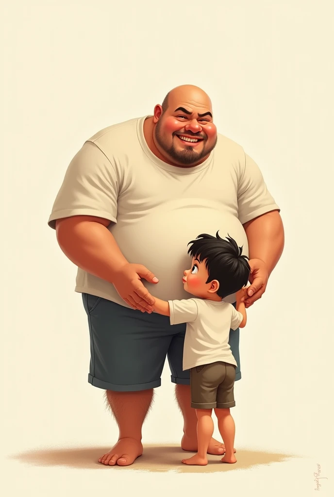  character design drawing, fat、Father and Son、Pick up、
Shorts、Black Hair, Shaved head, 