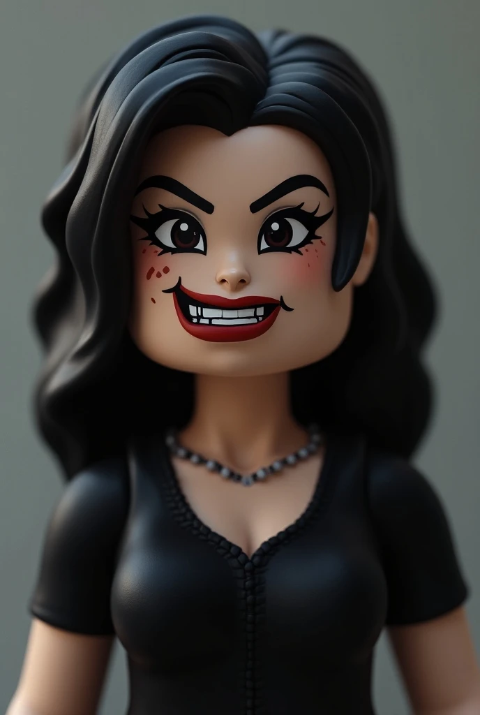 A Lego-style Roblox woman smiling macabrely 