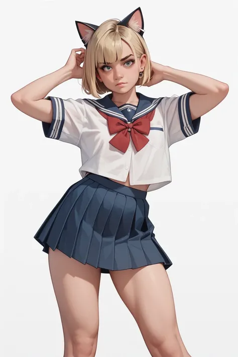 1girl standing and posing.masterpiece、Best Quality,no background,white background,cat ears,blonde bobcut,school uniform,sfw