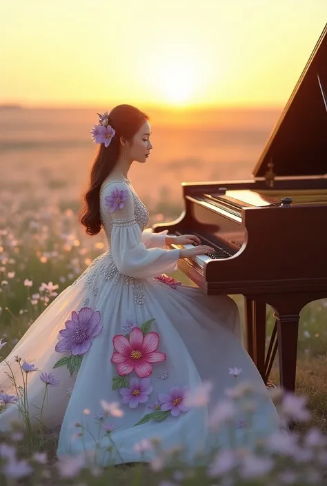  From a distance faces me ,  In a vast, open savannah dotted with edelweis paddies endless ,  a beautiful young Korean woman sits gracefully in front of a grand piano .  The low sunset on the horizon ,  radiates a warm golden light that perfects the serene...