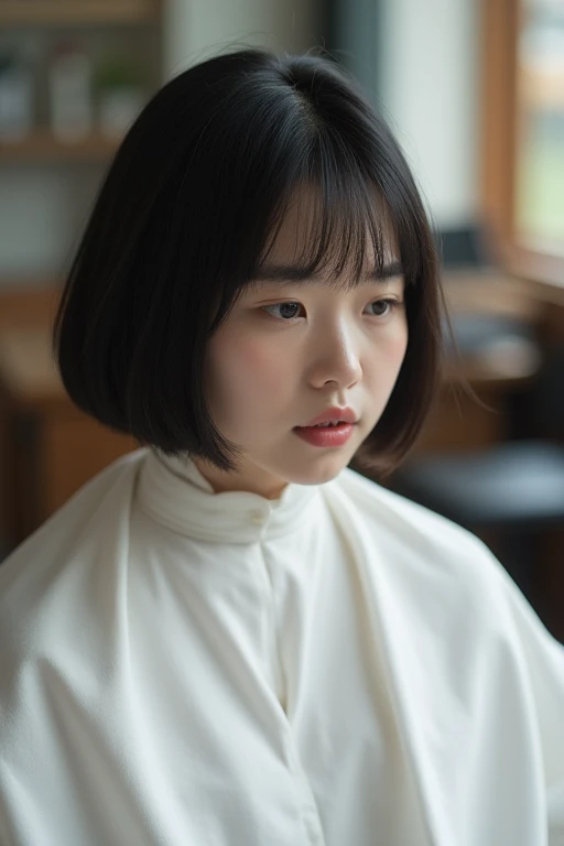 （Best Quality,4K,8k, high definition,masterpiece:1.2), very detailed,(Realistic,photoRealistic,photo-Realistic:1.37),Beautiful Chinese woman in her 20s , full body、 textured straight short bowl-cut hair wearing a white sleeveless poncho for a haircut、Shave...