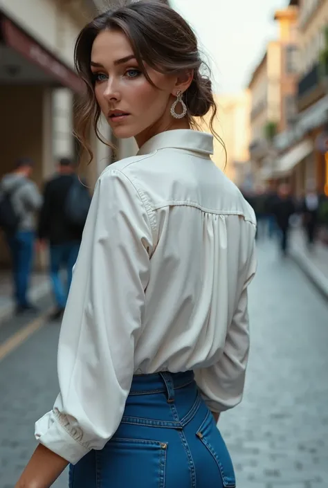 araffe woman in blue pants and a  white shirt  walking down a street, Portrait by Irakli Nadar,  has become a hot topic in the CG Society, Renaissance, wearing  white shirt , clothed in  white shirt , fine  white shirt ,  white blouse, wearing a  white blo...