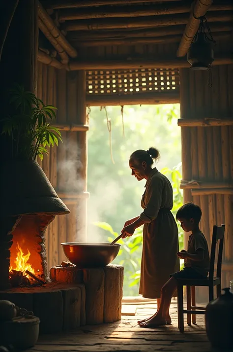 Picture of an old mother cooking in a bamboo stilt house with a wood-burning fireplace in the morning while her  is waiting for her to go to school while sitting on a wooden chair.