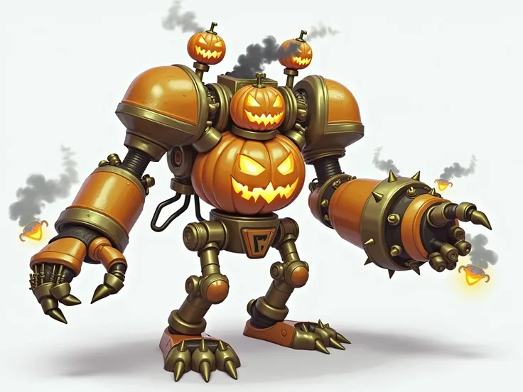 (Hyper realistic) (League of Legends Blitzcrank, Steam Powered Golem styled as a Halloween horror, bright Jack O Lanterns on each shoulder, Orange and black color scheme with brass high lights, his chest is now a bronze Jacko o Lantern themed Hellfire furn...