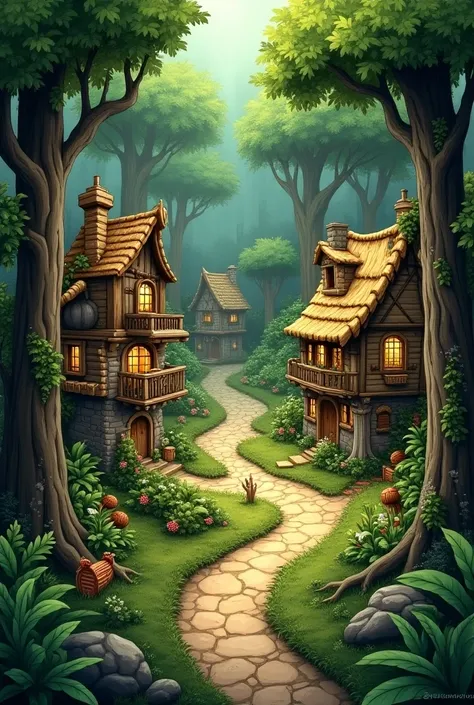  A forest themed board with 23 houses divided into: Question Houses, obstacle houses and normal houses  