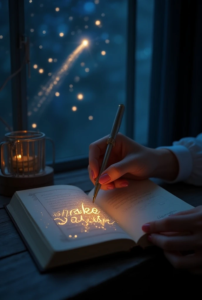  a female hand writing in the diary the following sentence  "make a wish" And the words shine like magic , Dark room and through the window shooting star in the starry sky, 4K, fantasy