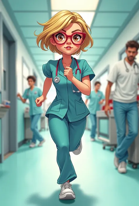 Pretty Nurse . red glasses. ojos marrones.  Short Blonde Hair .  drawing.  Running in Hospital