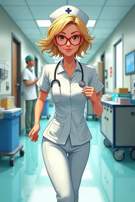 Pretty Nurse . red glasses. ojos marrones.  Short Blonde Hair .  drawing.  Running in Hospital